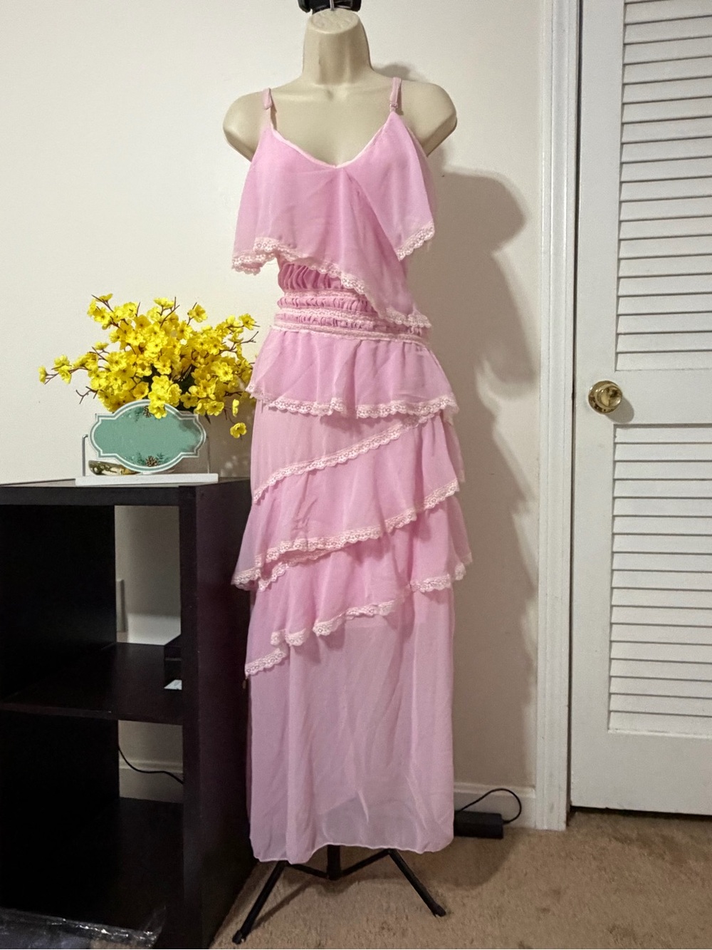 Delicate Pink Tiered Lace Maxi Dress